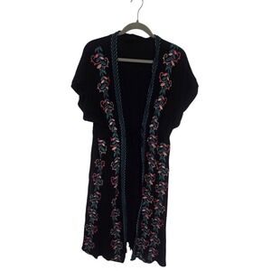 Curations‎ Black Embroidered Floral Kimono Cardigan Duster XL Boho Short Sleeve